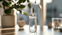 Elegant glass perfume bottle with silver cap on modern white table in bright contemporary interior with green plants and natural lighting for luxury cosmetics.