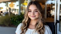 Young blonde woman with wavy hair smiling warmly at camera in modern cafe setting. Professional headshot for business, lifestyle and hospitality concepts.