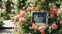 Rustic chalkboard sign with Love lettering surrounded by blooming pink roses in a lush garden, romantic outdoor setting.