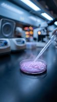 Laboratory pipette dispensing purple solution into petri dish in modern research facility with blurred equipment background for scientific studies.