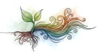 Artistic plant sprout with flowing decorative swirls and roots in watercolor style on white background, symbolizing growth and natural development.