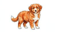 Friendly brown and white dog standing in profile with fluffy coat and alert expression, isolated on white background for pet-related designs, greeting cards, and animal illustrations.
