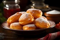 Homemade donuts dusted with powdered sugar served on rustic ceramic plate with jam jar in background, perfect for bakery advertising.