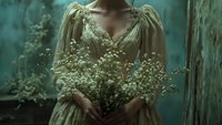 Woman in vintage lace dress holding delicate white flowers in moody atmospheric setting with soft natural lighting for romantic wedding concepts.