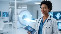 African American female doctor holding tablet with brain scan in modern MRI medical facility. Healthcare professional using digital technology for diagnosis.