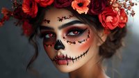 Red and orange flowers crown a woman with skull face makeup featuring stitched mouth, skeletal nose, and decorative face gems for Halloween, Day of the Dead, or theatrical costume design.