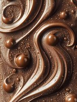 Swirling milk chocolate texture with smooth waves and spherical drops creating luxurious pattern, macro shot showing rich brown tones and glossy surface detail.
