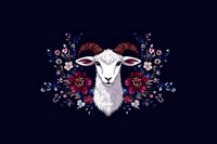 White ram head with floral arrangement featuring pink and blue flowers on dark background, decorative folk art style composition for textile and print design.