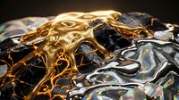 Abstract golden liquid metal flowing over iridescent holographic surface creating dynamic waves and ripples with rainbow reflections and metallic textures.