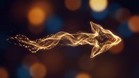 Glowing golden arrow made of light particles and sparkles moving forward against dark blurred background with bokeh lights, representing growth, direction, success and progress.