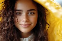 Young Hispanic woman with curly dark hair and radiant smile wearing white sweater against vibrant yellow background, natural beauty portrait in warm lighting.