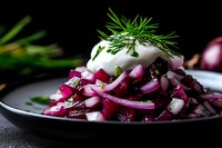 Fresh red onion salad topped with creamy white sauce and dill garnish on black plate against dark background, close up view of appetizing dish.
