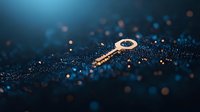 Golden key lying on dark textured surface with water droplets and bokeh lights creating magical atmosphere, concept of success and opportunity in business.