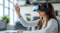 Young professional woman in white business attire wearing VR headset and headphones gestures while experiencing virtual reality in modern office workspace.
