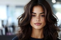 Young Mediterranean woman with wavy dark brown hair and natural makeup smiling confidently at camera. Professional portrait with soft lighting and blurred background.