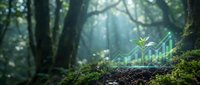Green plant seedling growing from forest soil with digital growth chart overlay representing sustainable business development and environmental investment success.