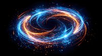 Cosmic spiral galaxy with glowing blue and orange energy trails swirling through space with bright stars and particles creating dynamic celestial motion.