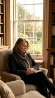 Middle-aged woman of Caucasian ethnicity sitting in cream armchair by large window, reading book in sunlit study with wooden bookshelves and garden view.