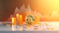 Golden bitcoin coins with financial chart and stacks in warm sunset lighting, cryptocurrency market concept showing trading volatility and investment growth.