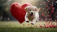 Playful Labrador puppy jumping with joy against large red heart and flying heart confetti on blurred natural background, expressing love and happiness.