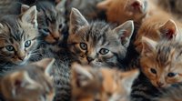 Group of adorable tabby and ginger kittens looking at camera with bright eyes, creating pattern of cute furry faces in warm tones. For pet and animal content.