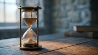 Vintage hourglass with golden sand on wooden surface in soft natural light creating atmospheric mood for time management and productivity concepts.