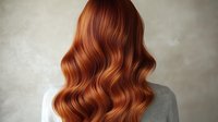 Elegant copper red wavy hair from behind, showcasing glossy waves against neutral background for beauty and salon advertising.