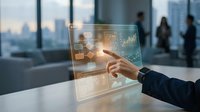Businessman hand touching transparent digital interface with financial data and charts in modern office with city skyline view for technology and business solutions.