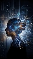 Human head silhouette with glowing neural networks and circuit patterns representing artificial intelligence and digital consciousness technology.