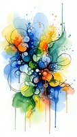 Abstract watercolor composition with vibrant circles and organic flowing shapes in rainbow colors with paint drips on white background.