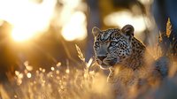 Majestic leopard in golden sunlit savanna grass during sunset, wild African predator looking into distance with intense gaze and alert expression.