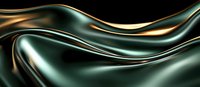 Luxurious dark green and gold metallic waves create elegant flowing curves against black background, suggesting premium silk fabric or liquid metal surface.