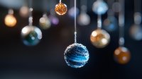 Elegant blue Christmas ornament with textured surface hanging among blurred colorful baubles creating festive holiday atmosphere for seasonal decorations.