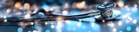 Medical stethoscope on reflective surface with blue bokeh lights creating professional healthcare atmosphere, panoramic medical background.