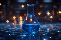 Glowing blue laboratory flask with magical sparkles and bokeh lights on dark reflective surface against blurred golden background. Concept of science and discovery.