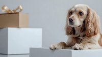 Adorable Cocker Spaniel with golden fur lying near white and kraft paper gift boxes on gray background, looking away with gentle expression and soft gaze.