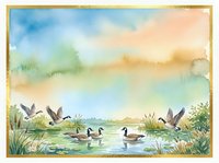 Watercolor painting of geese flying over tranquil lake with swimming waterfowl, marsh grasses and soft pastel sky for nature artwork and home decor projects.