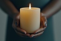 Female hands with dark manicure holding glowing white pillar candle against blurred teal background, creating peaceful ambiance for meditation and wellness.