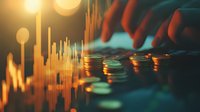 Trader analyzing financial market data with glowing candlestick charts and stacked coins, representing stock trading, investment analysis, and cryptocurrency growth for business and finance concepts.