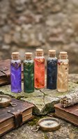 Colorful magical potion bottles with cork stoppers arranged on ancient stone surface with old books and compass for fantasy witchcraft and alchemy themes.