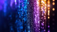 Digital binary code matrix in vibrant blue, purple, and orange gradient colors creating abstract technology background with glowing data streams and bokeh effect.
