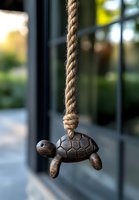 Wooden sea turtle pendant hanging on natural jute rope against blurred window background, carved details showing shell pattern and marine life design.