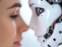 Close-up profile view of young woman face to face with humanoid robot showing contrast between human and artificial intelligence in modern technology.