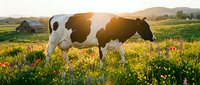 Holstein dairy cow grazing in colorful wildflower meadow at golden hour sunset with mountains and barn in rural countryside landscape.