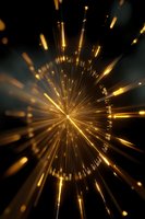 Radiant golden light rays burst from central point against dark background, creating dynamic starburst effect with glowing streaks and particles in motion.