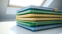 Stack of colorful spiral-bound notebooks on white desk near window. Office supplies for students, business planning, note-taking and organization.