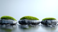 Zen stones with green moss on top arranged in row on reflective surface with water drops, creating peaceful spa and wellness atmosphere.