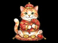 Maneki-neko lucky cat figurine with raised paw, wearing red and gold traditional clothing, holding fan and coins. Isolated on transparent background, ready for t-shirts, stickers, clipart, and print-on-demand designs.