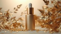 Gold cosmetic dropper bottle surrounded by metallic autumn leaves and glitter in warm sunlight, luxury skincare product photography for beauty advertising.