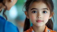 Young Asian girl with bright blue eyes and pigtails wearing orange floral top looks at someone with gentle expression against blurred background. Soft natural lighting.